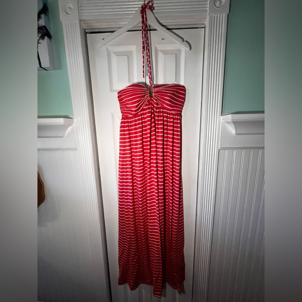 Coral halter or strapless maxi striped dress